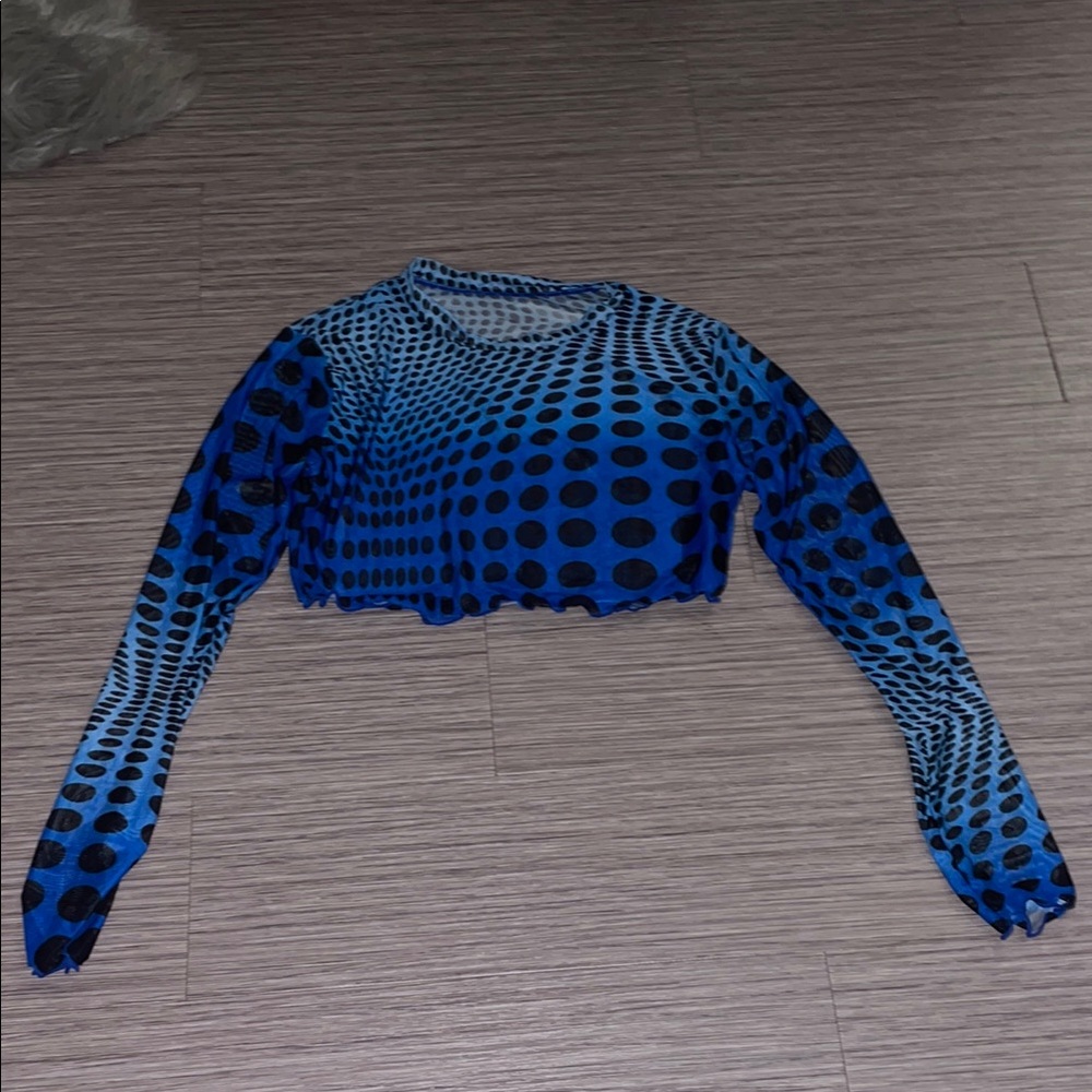 SHEIN Blue and Black Graphic Long Sleeve mesh Crop Blouse